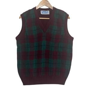 St Andrews Knitting Company 100% Shetland Wool Maroon Green Plaid Sweater Vest